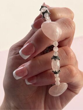 Rose Quartz Puffy Heart with Faceted Beads Silver Tone Toggle Closure Bracelet